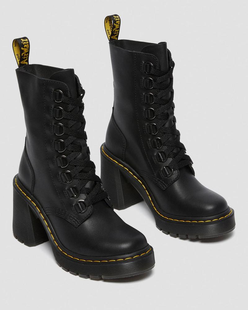 Black Women's Dr Martens Chesney Leather Flared Heel Heeled Boots | CA 138TCE